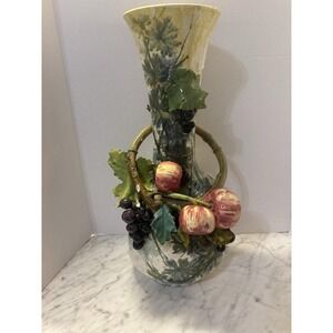 1960's Large 18" Majolica Vase Pottery with Apples, Grapes and Tree Branches